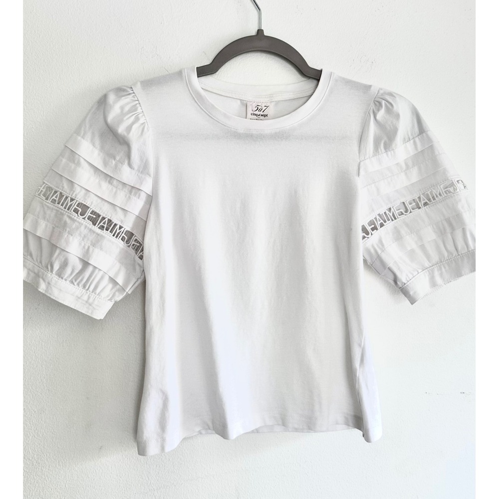 Cinq a Sept White Puff Sleeve Je T'aime Eyelet Tee XS Romantic Feminine Coquette
